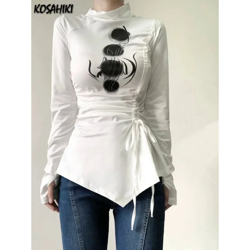 KOSAHIKI Y2k Vintage Print Half High Collar Women Irregular T-shirts Slim-fit Long Sleeve Tops Bandage Aesthetic Grunge T Shirt