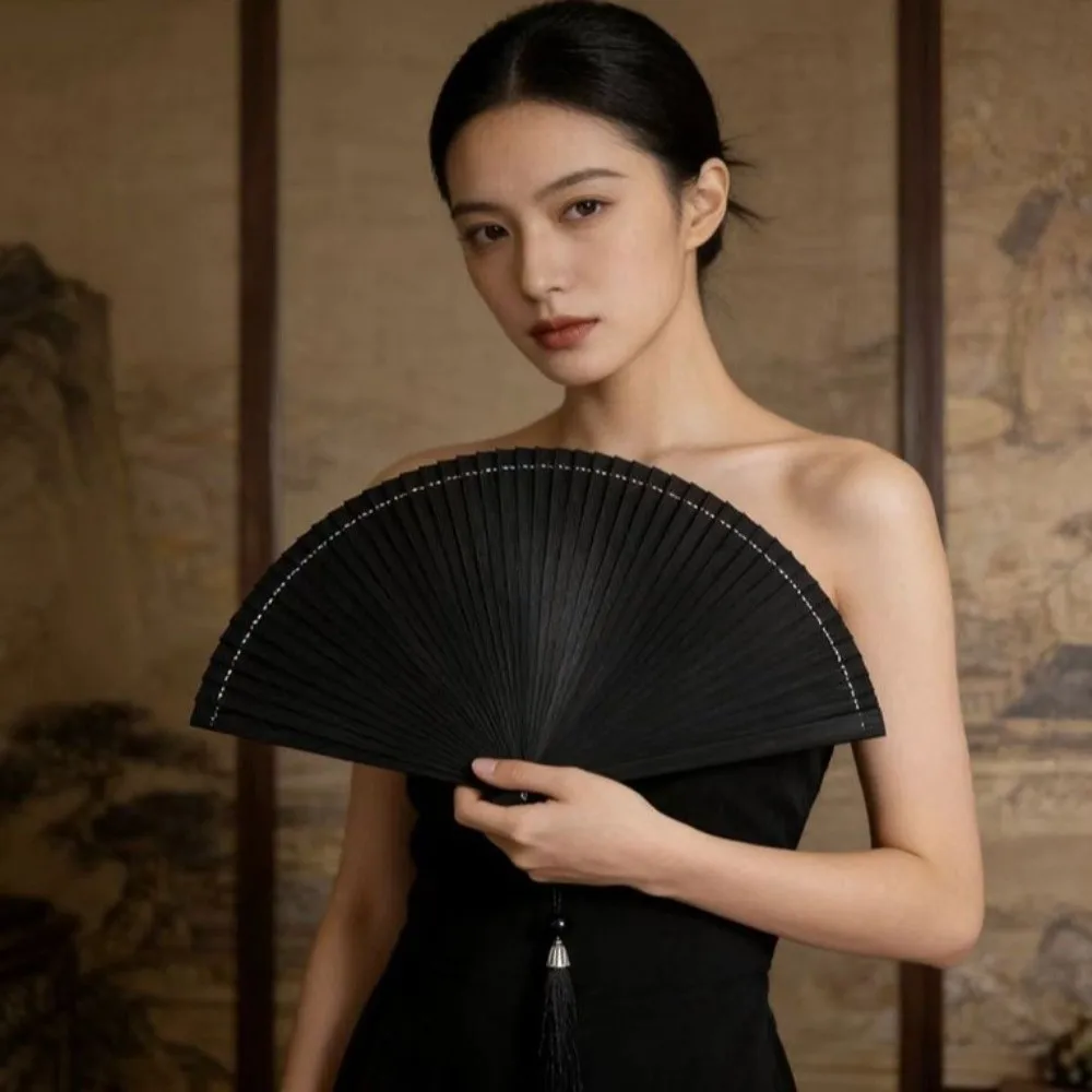 Chinese Style Folding Bamboo Fan Solid Color Exquisite Tassel Folding Fan with Tassel Retro Elegant Handheld Fans