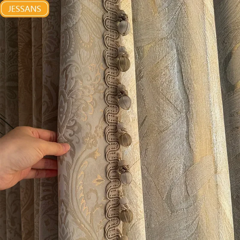 Damascus Gold Wire Jacquard Embossed Thickened Curtains for Bedroom Living Room Villa French Window Customized Finished Products