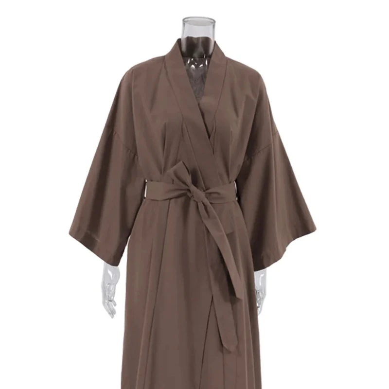 Linad Brwon Robes For Women Loose Three Quarter Sleeve Nightwear Sashes Cotton Bathrobe Female Casual Sleepwear Summer 2023