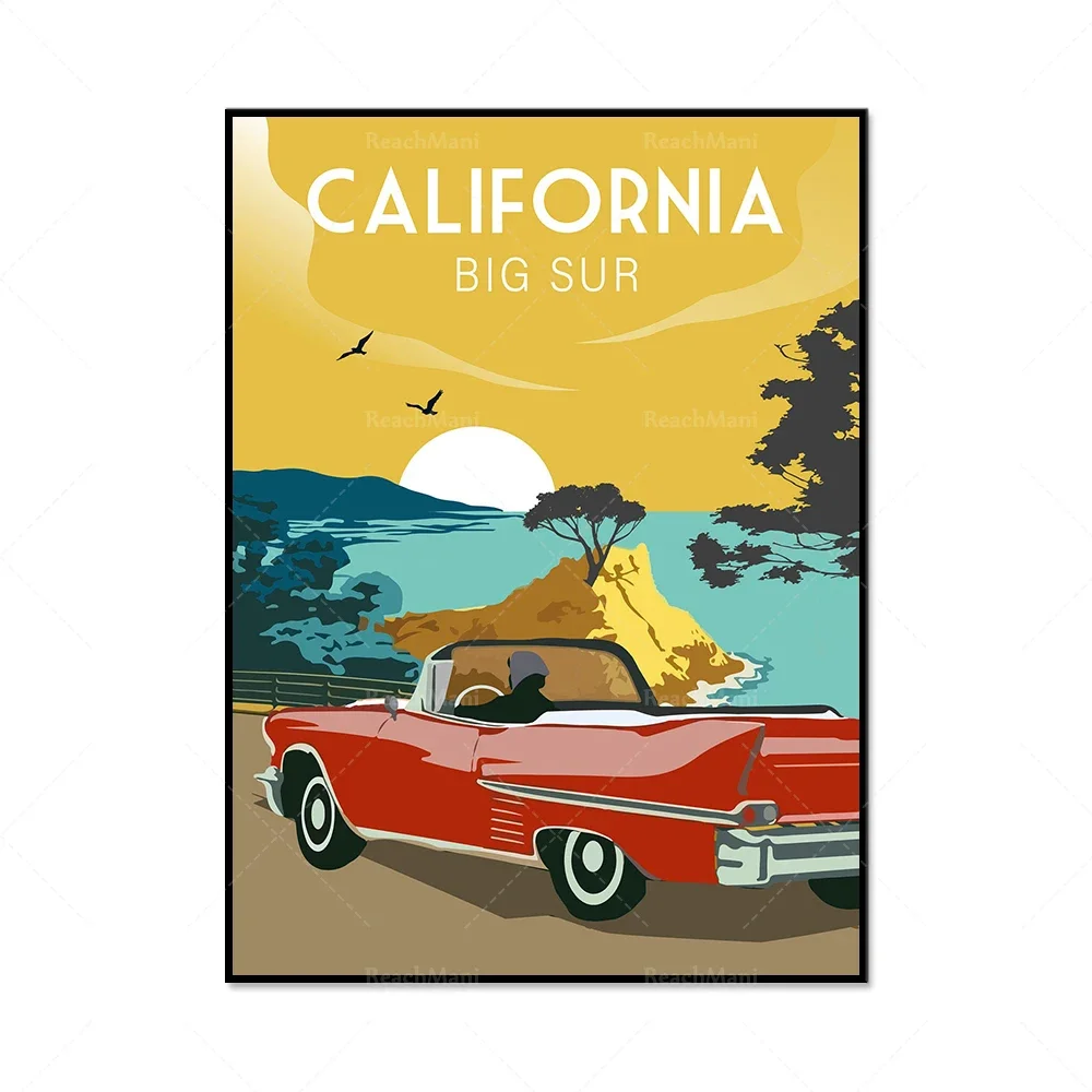 Vintage travel poster, Massachusetts, California, Big Sur, Jakarta, Indonesia, Santorini, Grand Teton, Pisa Tower, Cyprus, Cypru