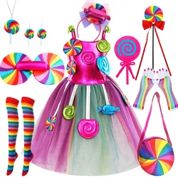 Rainbow Candy Princess Dress Girls Ball Lollipop Purim Costume for Kids with Headband Holiday Birthday Party Clothes Outfits