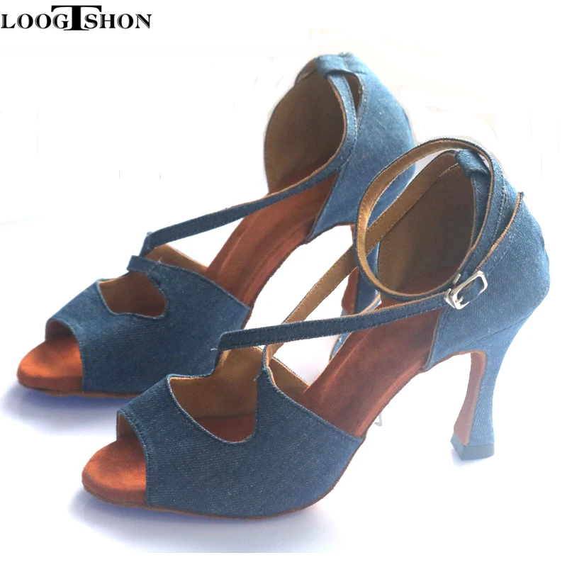Loogtshon 2022 สไตล์Latin Danceรองเท้าSalsaสุภาพสตรีซาตินSoft Soleแฟชั่นเต้นรํารองเท้าแตะรองเท้า 7 ส้นผู้หญิงซาตินรองเท้า