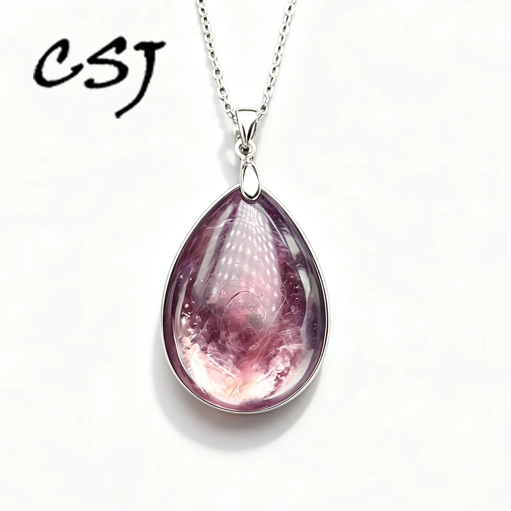 Trendy Natural Lavender Lepidolite Pendant 925 Silver Water Drop Gemstone Necklace for Women Birthday Party Jewelry Gift