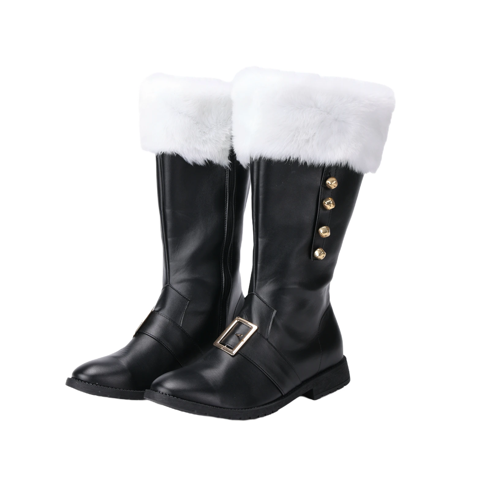 

Christmas Santa Claus Boots Men's Wide Calf Santa Combat Boots with White Plush Cuffs Foot Bells Buckle Strap Xmas Costume