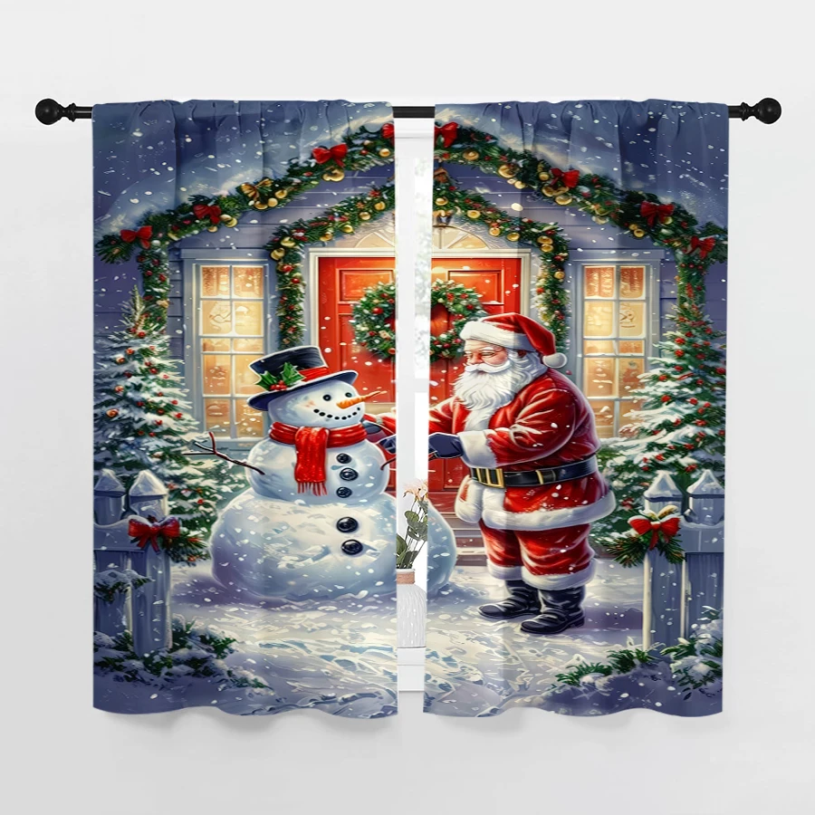2PCS Christmas Winter Curtains, Santa Building Snowman Red Door, Digital Print, Bedroom Living Room, Home Decor Window Drapes