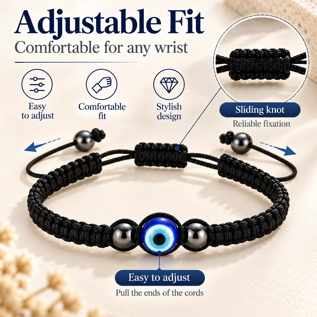 Evil Eye Bracelet for Women Men Blue Glass Eye Bead Black Braided Rope Adjustable Handmade Lucky Protection Jewelry