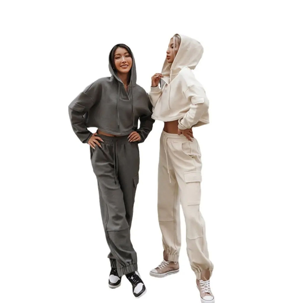 Women's Street Style Long Sleeve Hooded Sports Suit Casual Two-Piece Set with Pockets New from