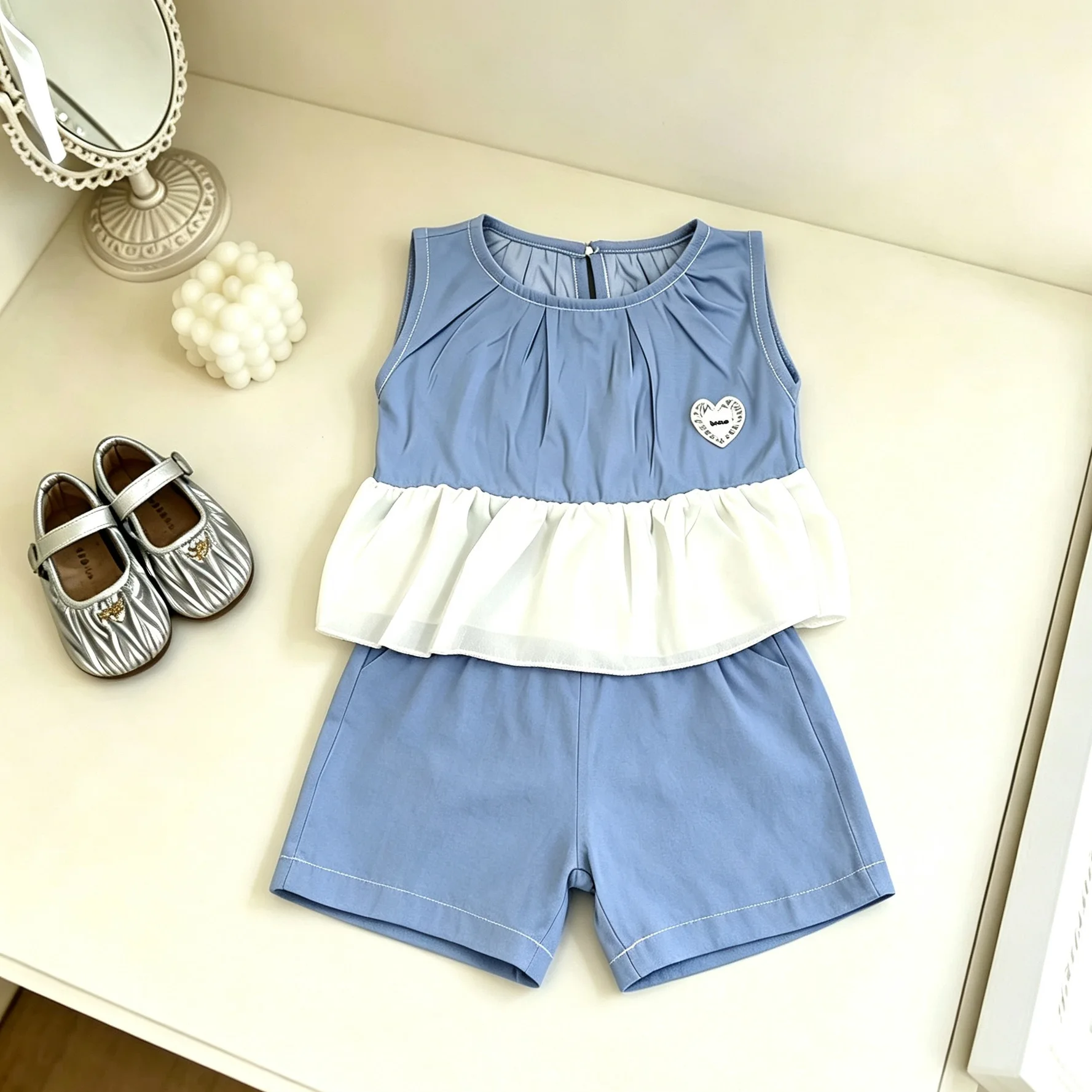 Korean Girls Two Piece Set 2026 Gentle Korean Daily Style Fashionable Cute Heart Embroidery on Top Delicate Little Detail