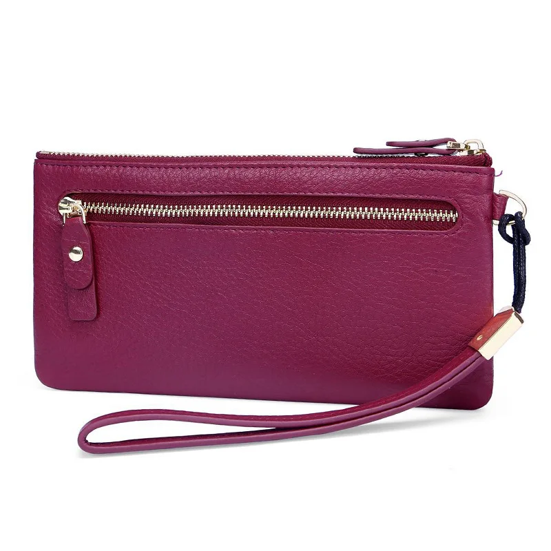 Western Cowhide Leather Super Thin Women Wallet Large Capacity Phone Bag Detachable Strap Coin Purse for Ladies