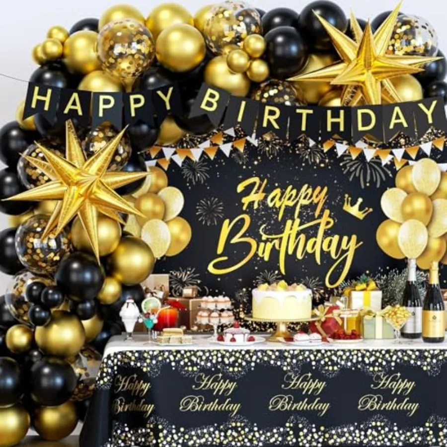 

Black and Gold Birthday Decorations for Men Women, 71pcs Black and Gold Party Decorations with Backdrop, Tablecloth, Gold Foil