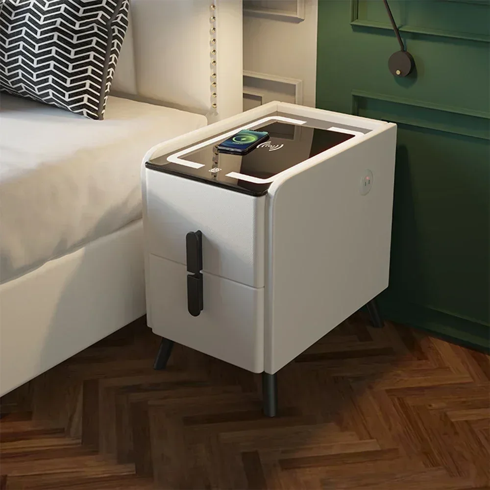 Smart Bedside Table with Fingerprint Lock Large Capacity with Drawers LED Ultra Smart Bedside Table with Wireless USB Charging