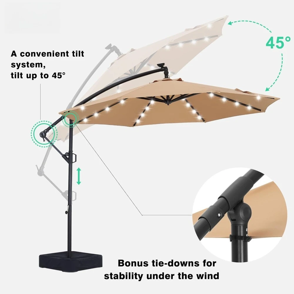 Ombrelloni da giardino a LED da 10 piedi, ombrellone a sbalzo con base, 360 °   Cornice fissa bonus per ombrellone offset illuminato da esterno con rotazione