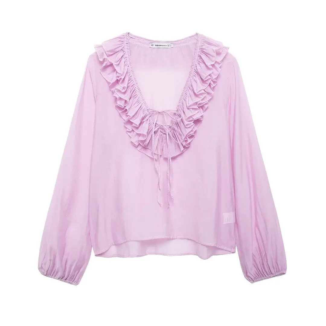 Autumn New Product: Three Color Age Reducing Sweet Thin Style Long Sleeved Ruffle Edge Layered V-neck Shirt With Drawstring Top