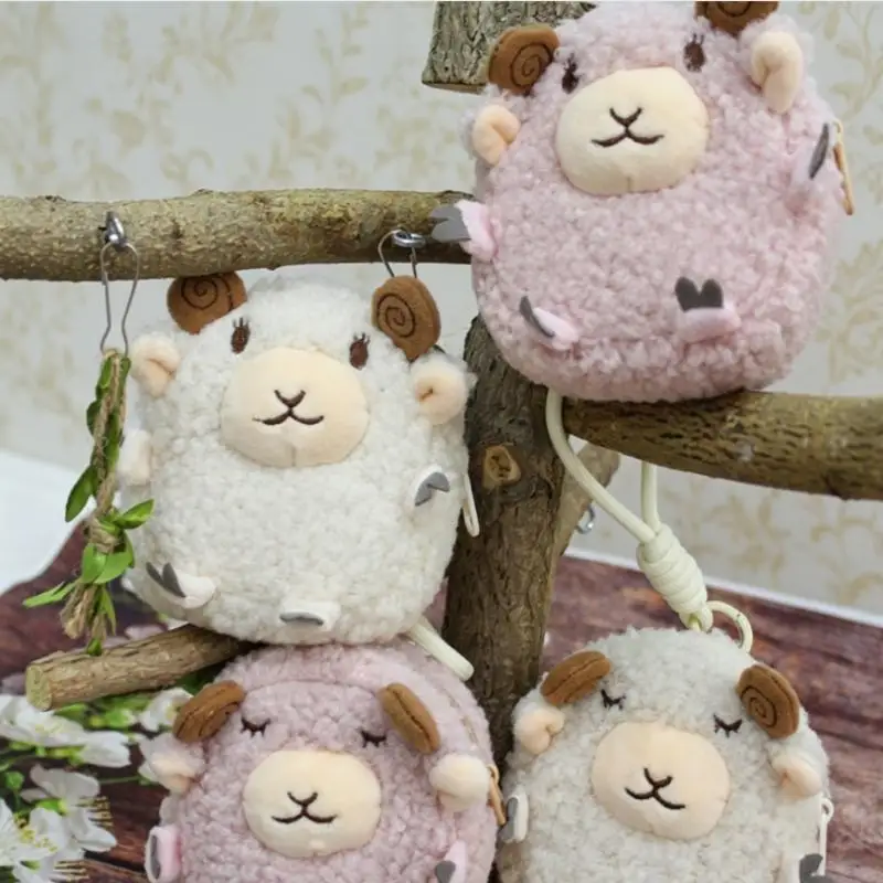 Soft Fluffy Plush Sheep Mini Purse Adorable Cartoon Design Detachable Lanyard For Keys Earbuds Small Accessories For Girls