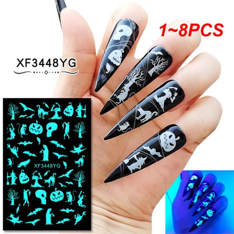 Ensemble d'Autocollants pour Ongles Shoous, Design de Manucure, Pointes Adhésives, Décorations Nail Art, Citrouille Laser Halloween, Crâne, 1-8Pcs