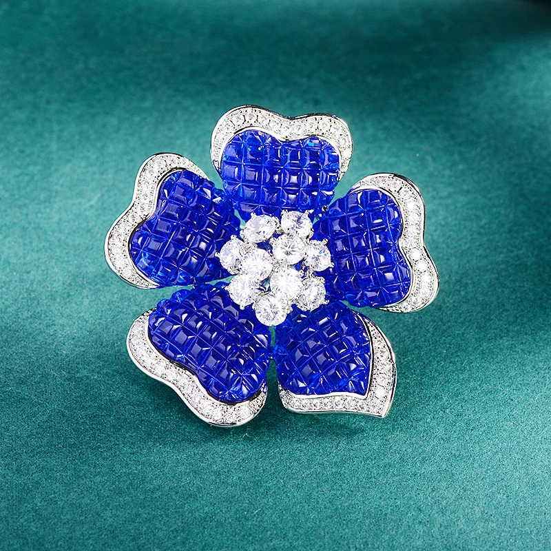 Beautiful Elegant Blue Glazed Flower Brooch Inlaid with Zircon High-grade Retro Clothing Accessories Holiday Gifts to Friends