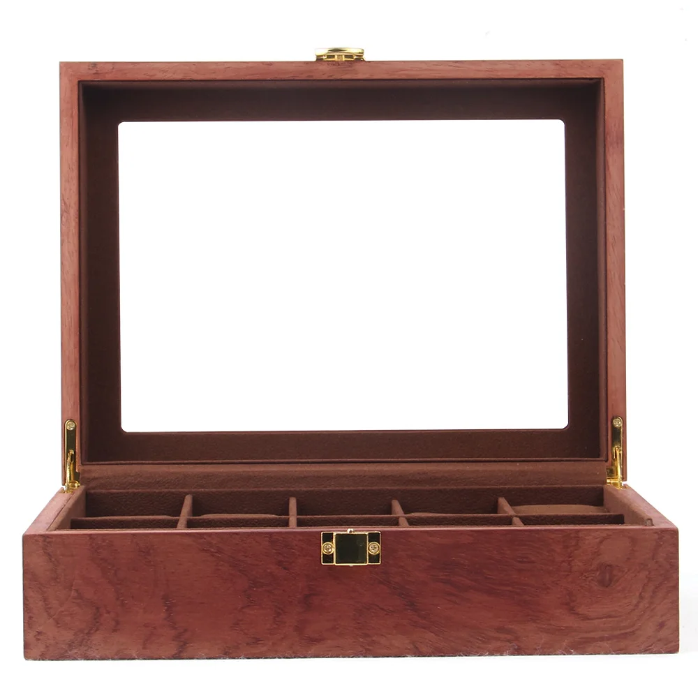 10 Solid Wood Watch Box with Red Pear Colored Grid Groove, Display Cabinet, Wooden Glass Watch Display Storage Box