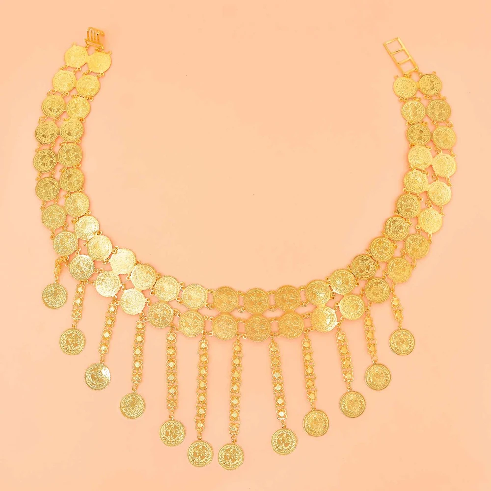 Traditional Arab Turkey Kurdish Indian Body Jewelry Golden Double Layer Long Coins Pendant Waist Belly Chains Belts for Women
