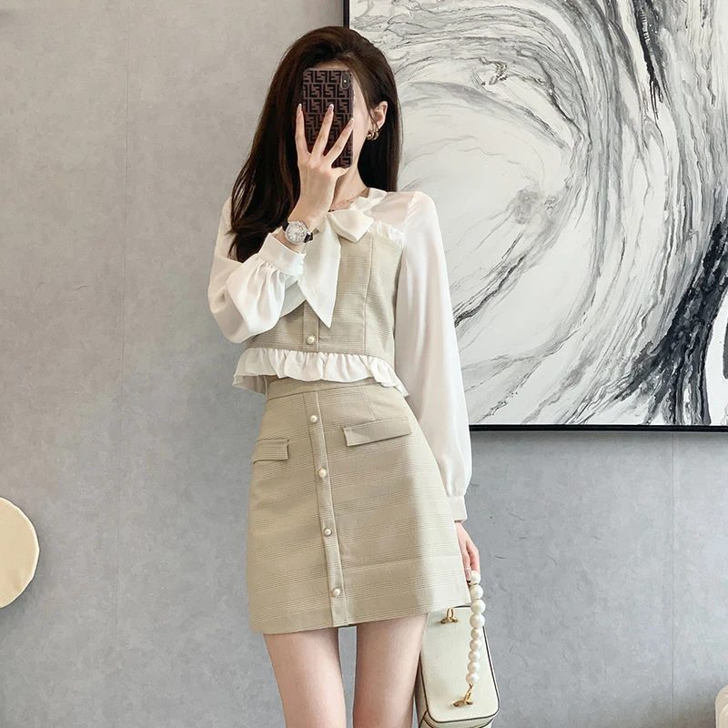 Women Sets Skirts High Waist Mid-length Solid Coats Turn-down Collar Patchwork Temperament Two-piece Outfits Spring Mujer Classy