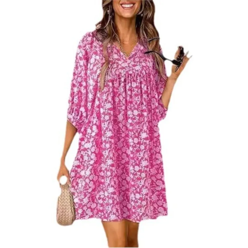 Women's Elegant Summer New Casual Bohemian Flower V-neck Printed Full Marks Lantern Sleeve Beach Dresses 2025 vestidos de festa