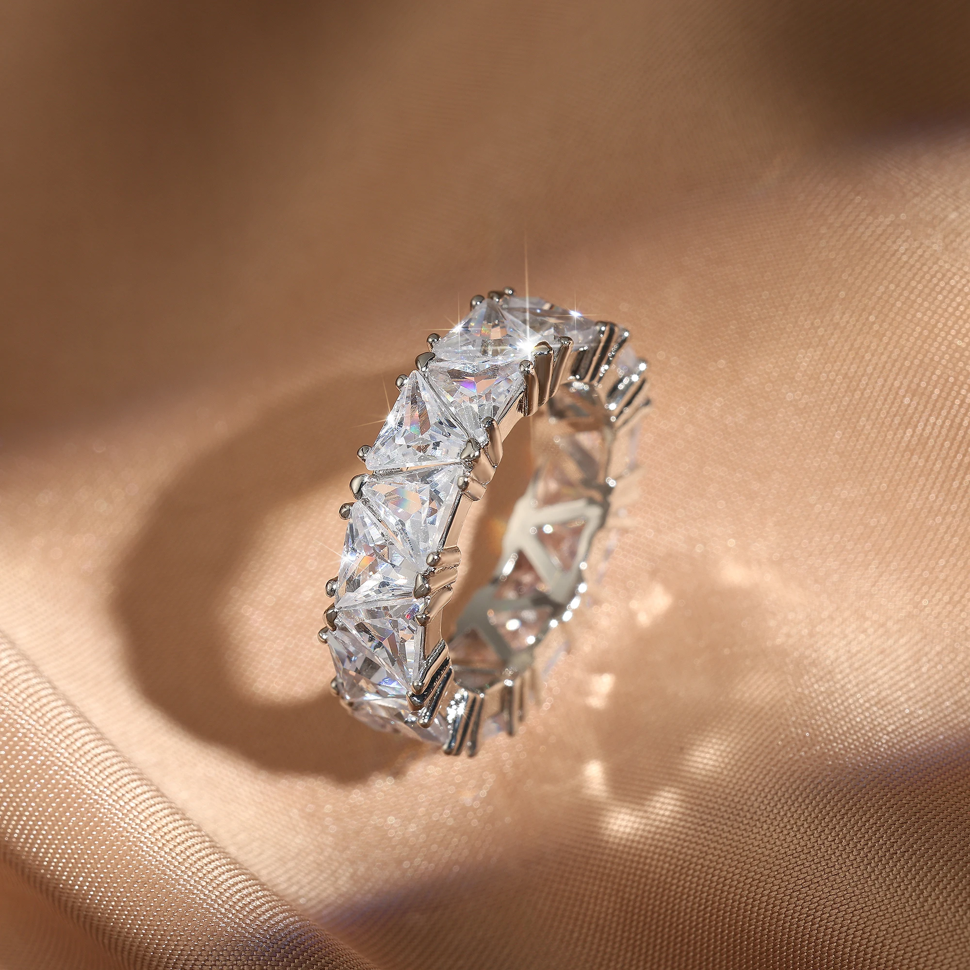 Fashion Cubic Zirconia Triangle Hollow Ring Women Men Silver Couple Copper Ring Holiday Gift Party Everyday Jewelry