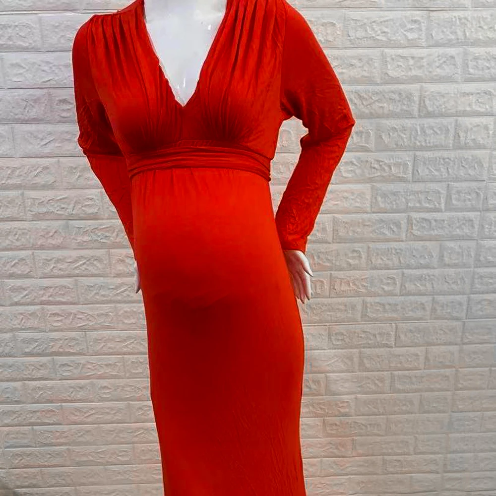 Maternity Dresses for Photo Shoot  for Baby Shower Pregnancy Red Mercerized Cotton Long Sleeve V-neck Skirt Grossesse Vestidos