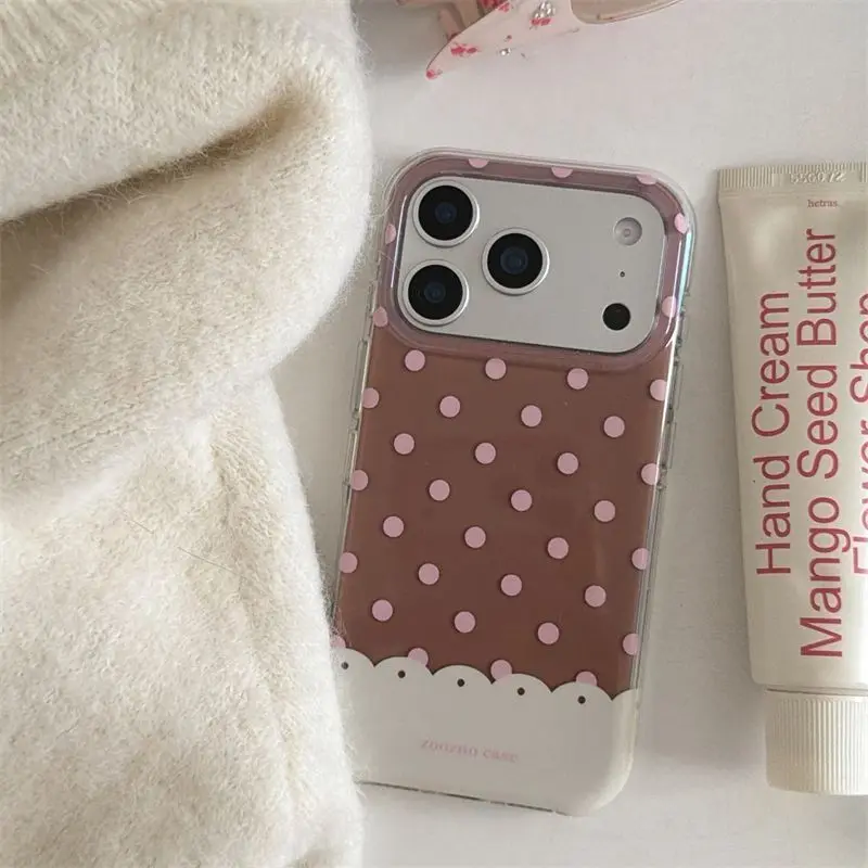 

Осенне-зимний чехол для телефона Ins Cake Powder Brown в горошек для iPhone 17, Air 16, 15, 14, 13 Plus Pro Max, чехол-бамбер с защитой от падения