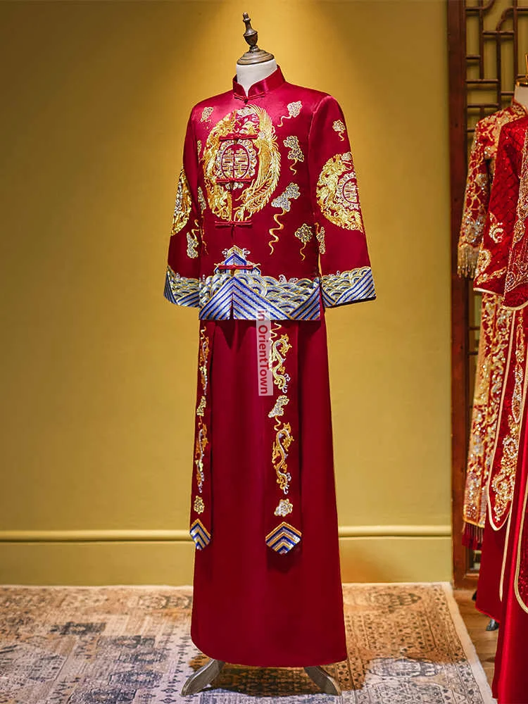 ملابس Xiuhe العريس التقليدية للرجال لحفلات الزفاف الصينية ملابس نخب + رداء رجالي تنين فينيكس مطرز تانغ زي