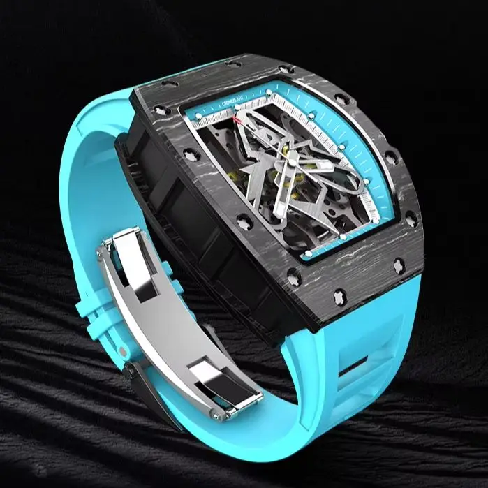 

CRONUSART Мужские автоматические часы 50 мм * 42 мм Механические наручные часы Tonneau Корпус из углеродного волокна Lume Скелетный циферблат Фторкаучуковый ремешок