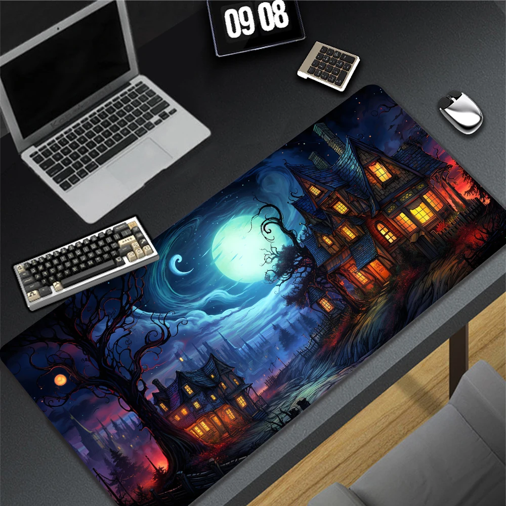 Desk Mat Haunted House Cartoon, Gaming Pad, Gift for Her, Gift for Him, Teen Gift, Gaming Mouse Pad, Gift for Gamers,  Halloween