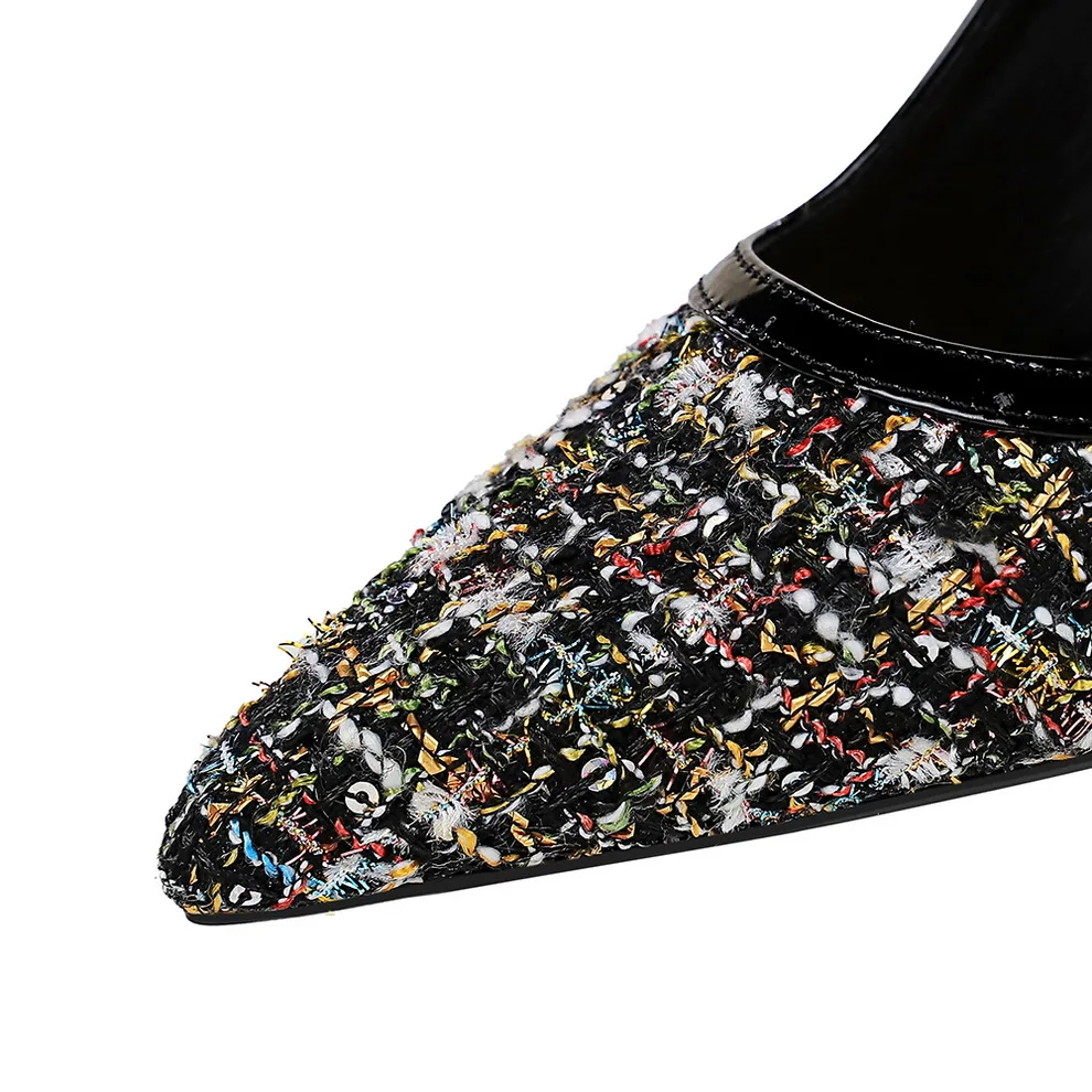 BIGTREE المرقعة عالية الكعب نسج تويد القماش أشار تو النساء مضخات خنجر 9.5 سنتيمتر فستان الحفلة الراقصة سيدة أحذية بكعب الذهب والفضة