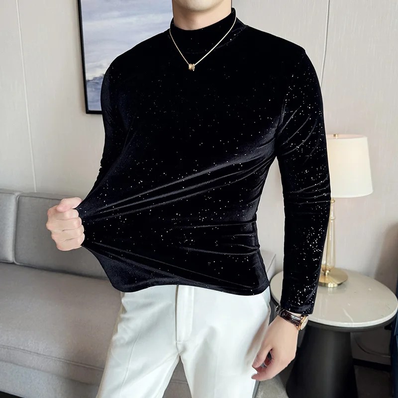 Autumn Winter Men's Glossy Velvet T-shirt Shiny Dots Long Sleeve Windproof Collar Stretch Basics Tees Fashion Slim Fit Tops Man