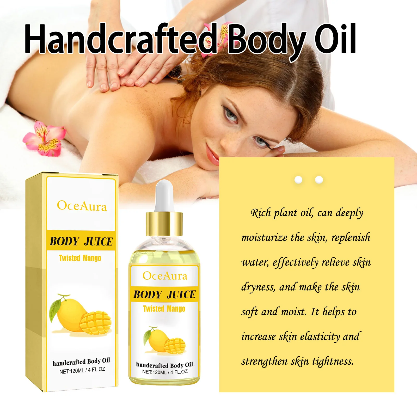 OceAura 4oz Mango Body Care Oil Moisturizes, Hydrates, Relieves Fatigue, Moisturizes and Smooth Skin, Massage Essential Oil