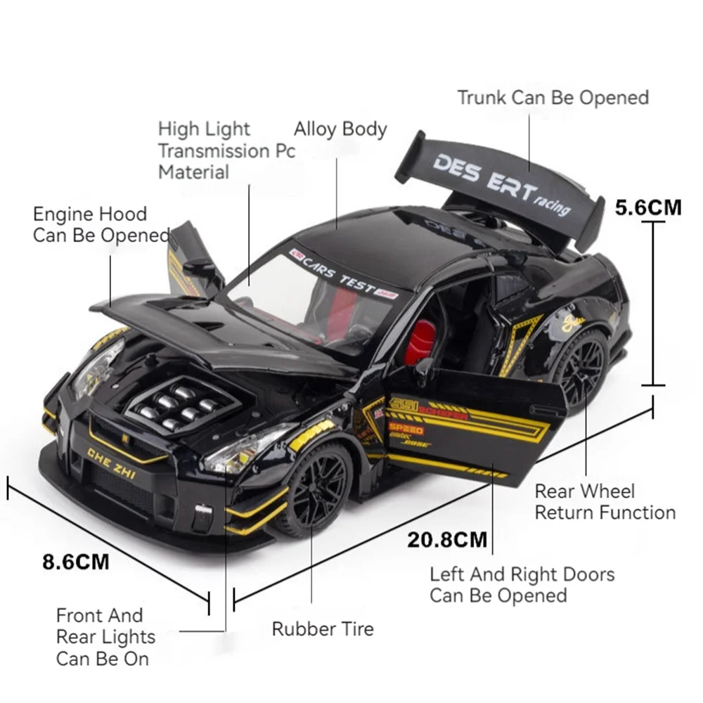 1:24 Schaal GTR R35 R34 Speelgoedautomodel Legering Diecast Pull Back 3 Deuren Opend Voertuigen Modellen Geluid Licht Collectie Kinderen Speelgoed