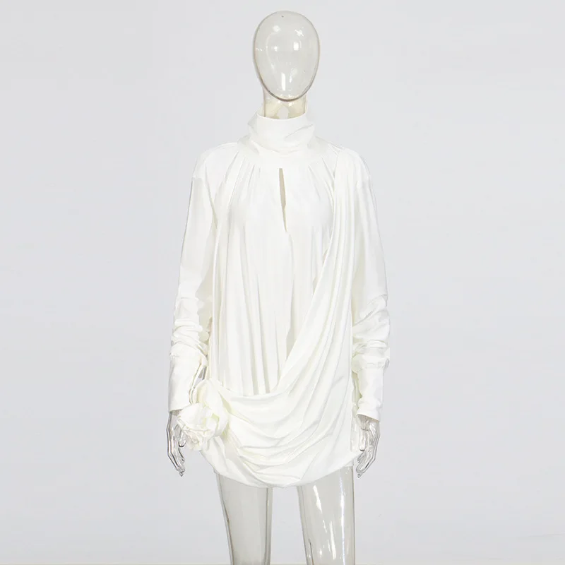 EAEOVNI Elegantes, modisches Minikleid für Damen, 3D-Blumenmuster, gespleißte Falten, weiße Partykleider, vielseitig, 2025, neue Kleidung 1A1657