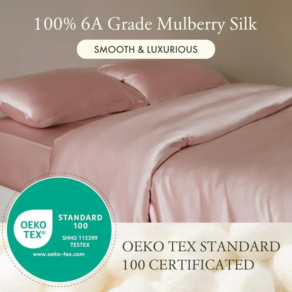 Fitted Sheets Set 100% Mulberry Silk 6A Grade, 2 Silk Pillowcases and 1 Silk Fitted Sheet, 16 Inch Deep Pocket,Twin Size