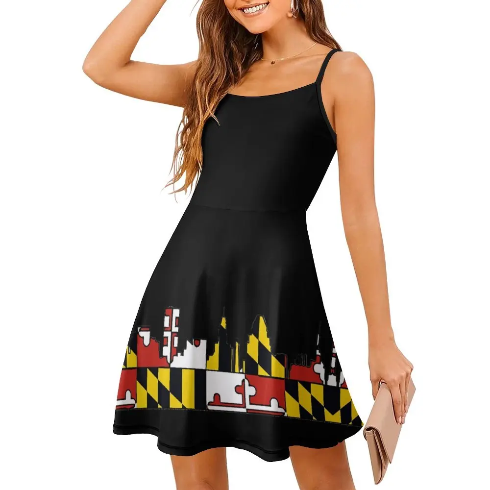 

Baltimore Maryland Flag Skyline Women's Sling Dress Humor Graphic Strappy Dress Novelty Exotic Woman's Clothing Cocktails