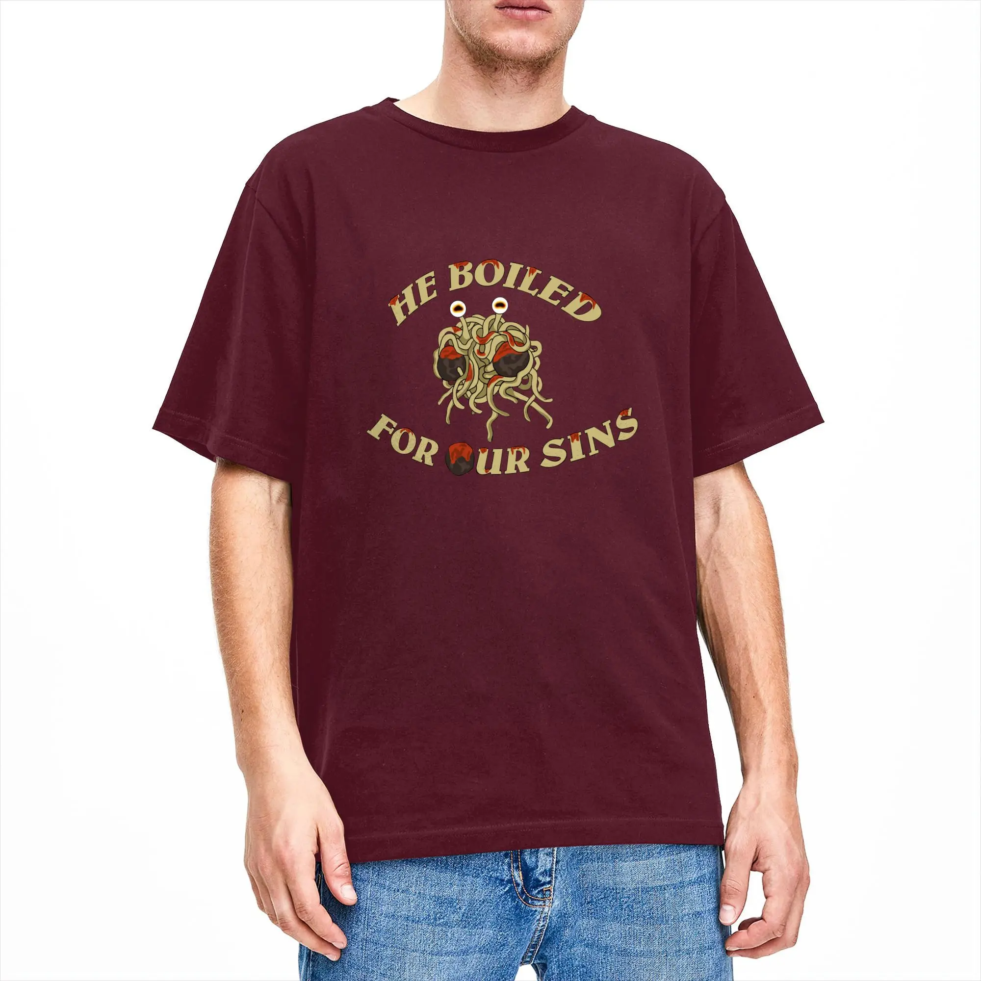 He Boiled for Your Sins Flying Spaghetti Monsterism Monster T Shirt FSM Religion Church 100% Cotton Clothes O Neck T Shirt