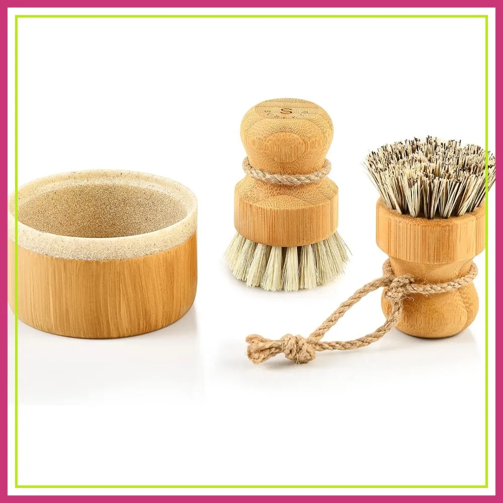 

Bamboo Dish Brush Set with Soap Holder, Wooden Scrubber, Natural Kitchen Brushes for Pots & Pans, 2 Pack