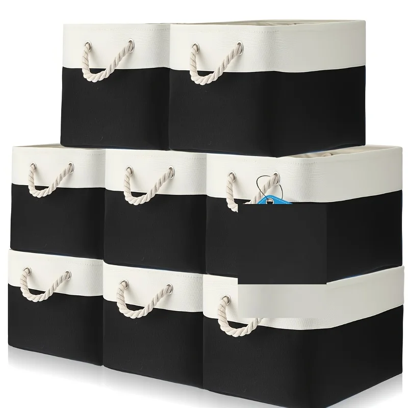 

8 Pack Collapsible Storage Bins Fabric Storage Bins Polyester Fabric Storage Baskets with Handles Closet Organizer for Shelf Home Closet Towels (Black White, 15 X 11 X 9.5 In)