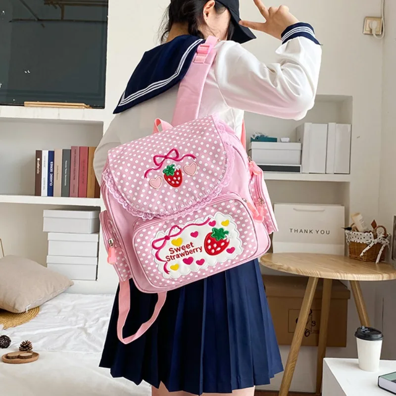 

Sweet Cute Print Backpacks Teenage Girls Autumn Embroidery Canvas School Bag Kawaii Pink Strawberry Rucksack 2024 Bolsos Сумка