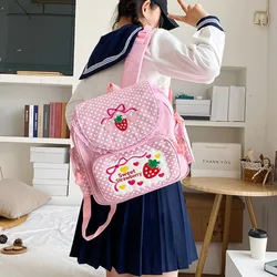 Sweet Cute Print Backpacks Teenage Girls Autumn Embroidery Canvas School Bag Kawaii Pink Strawberry Rucksack 2024 Bolsos Сумка