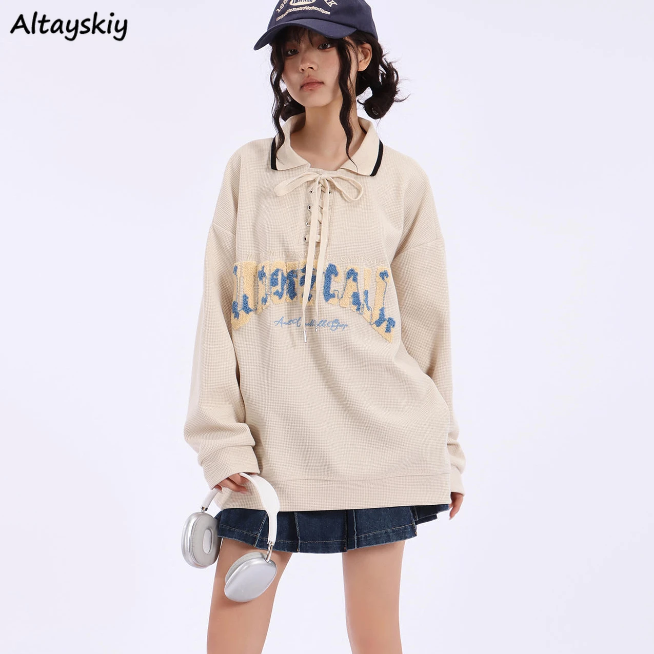 Vintage Hoodies Women Letter Embroidery Loose Casual Tops Streetwear Lace-up Chic Female Sweatshirts Autumn Design Youthful Cozy