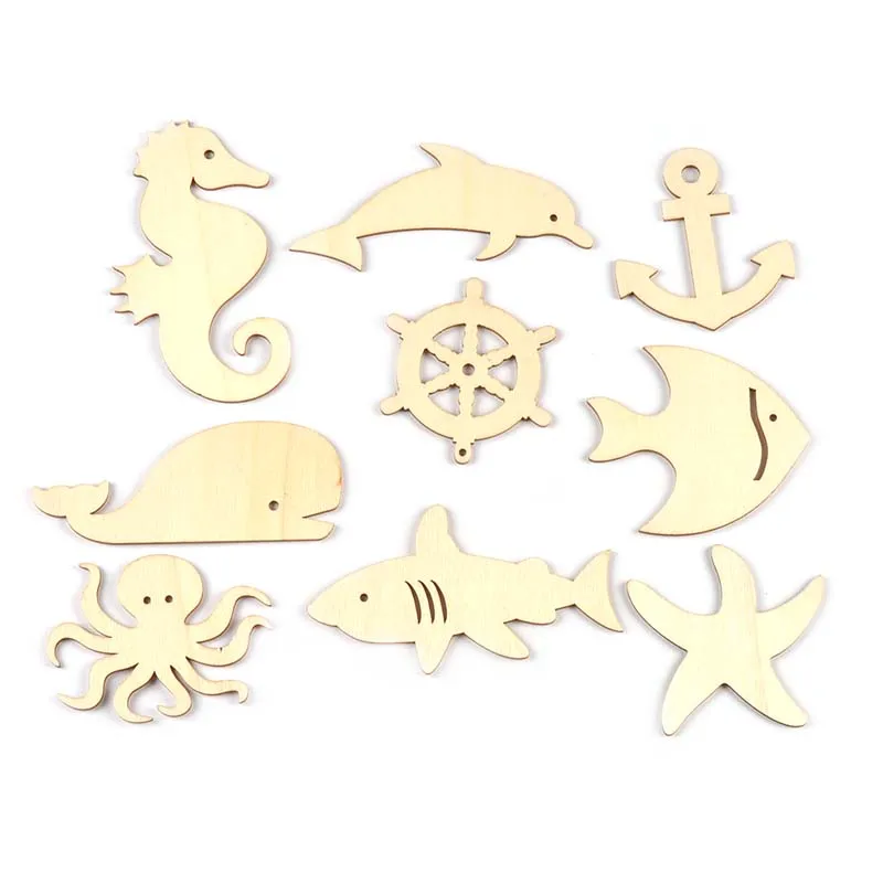 10Pcs 7-11cm Shark/Octopus/Starfish Embellishment DIY Scrapbooking Handmade Supplies Kids painted Blank wood Crafts Home Decor