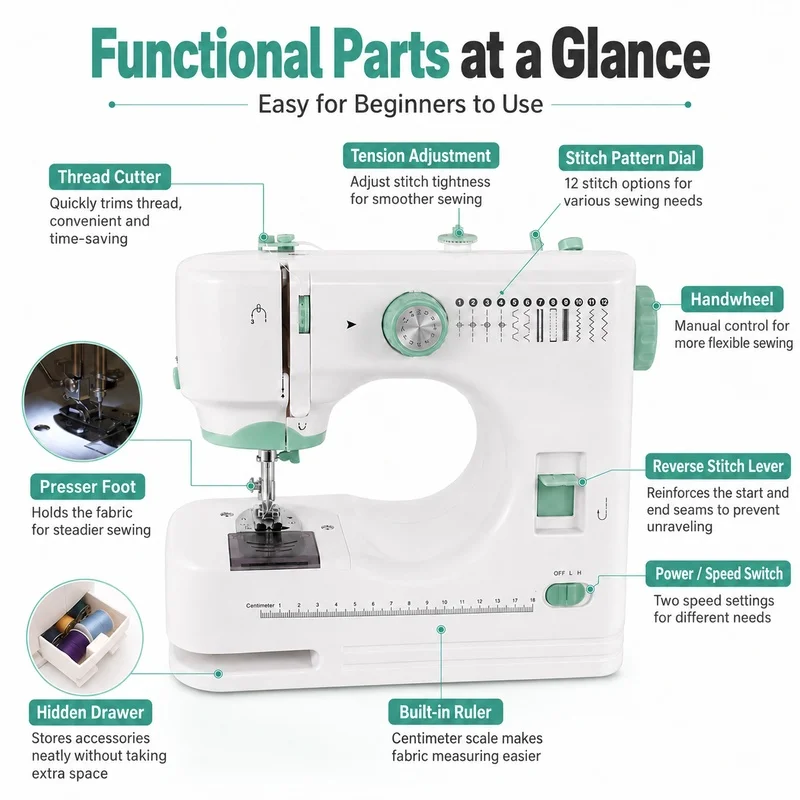 Household Sewing Machine, a Variety of Stitch Two-Speed Operation, Easily Meet the Daily Repair and Manual Production Needs.