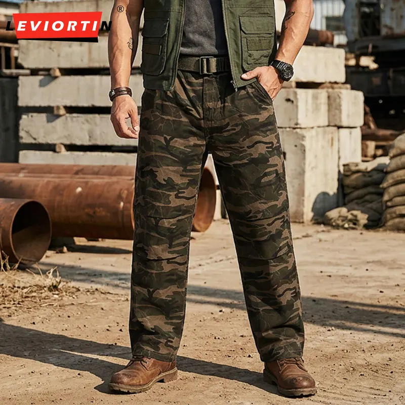 

Men's Retro Vibe Camouflage Denim Pants High Street Washed Straight Leg Wide Leg Casual Versatile Trousers Man Workwear Jeans