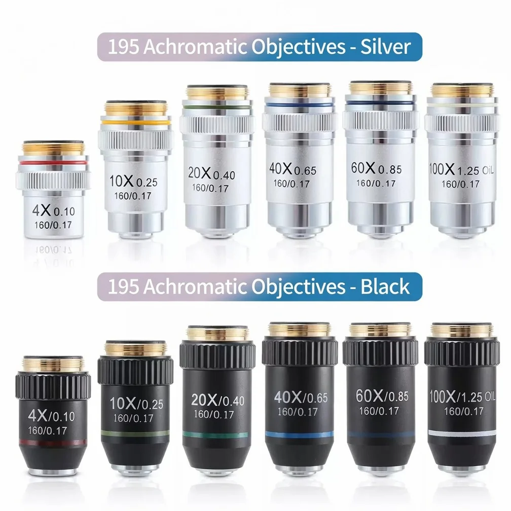Objectifs achromatiques pour microscope biologique, distance entre-oculaires 195 mm, grossissements 4X, 10X, 40X, 60X, 100X, filetage RMS