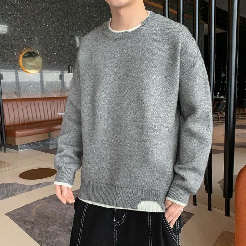 Knit Sweater Male Pullovers Round Collar Men\'s Clothing Crewneck Pink No Hoodie Spliced Warm Classic Knitwears Maletry Cotton X