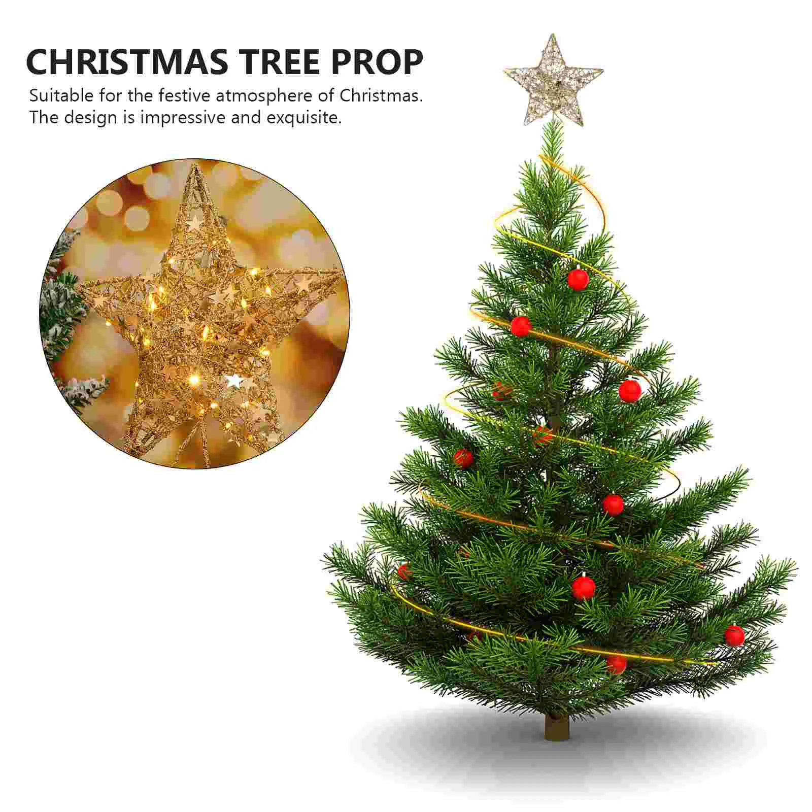 5pcs Gold Topper Xmas Tree Toppers Five pointed Star Hollow Star Decor Christmas Tree Prop Festive Holiday Decoration